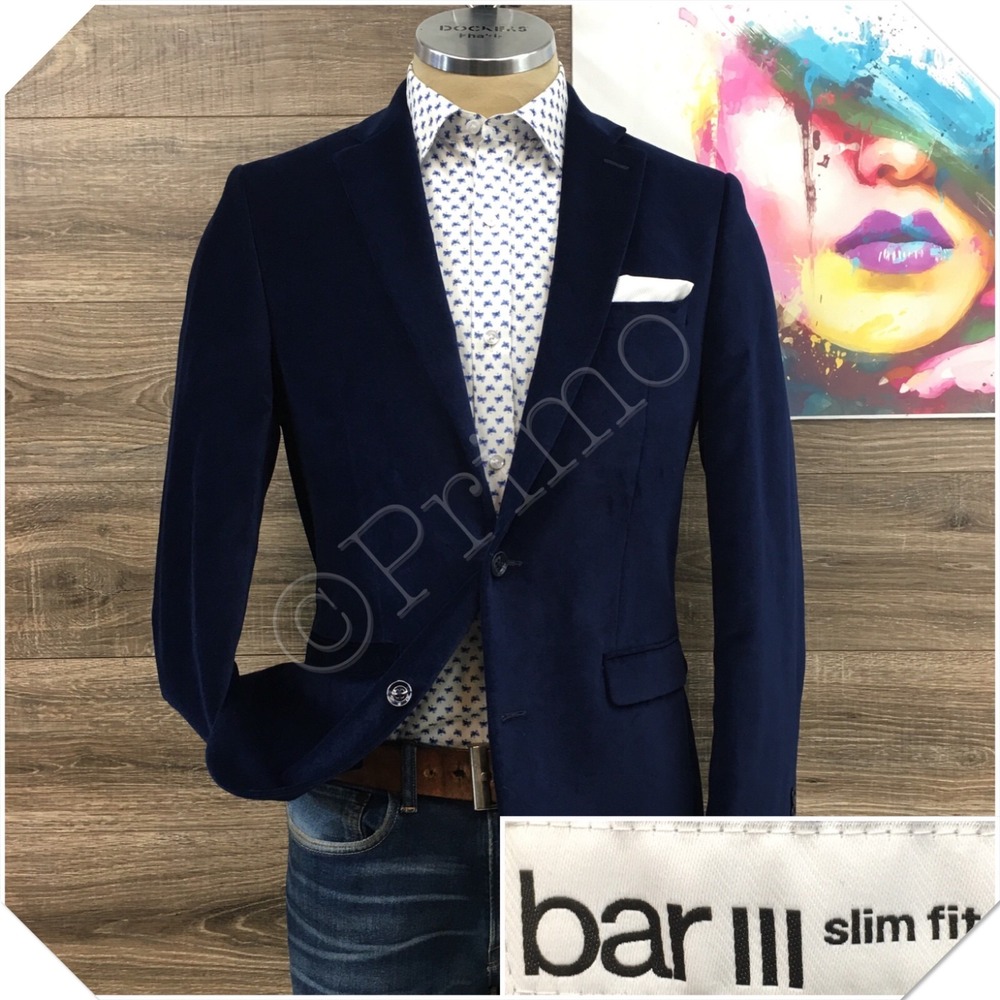 BAR III Mens Velvet Blazer Sport Coat Casual Jacket Size 38R Slim Fit Blue Suit